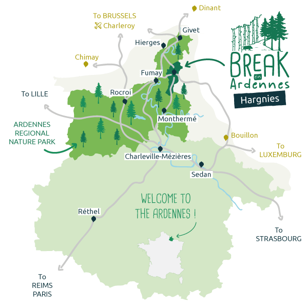 Location map of Break en Ardennes, gites in Hargnies (08)
